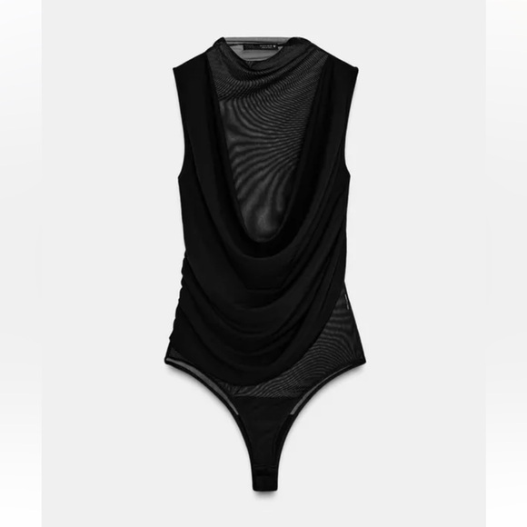 Zara Tops - NWT Zara Sheer Tulle Draping Fabric High Neck Sleeveless Black Bodysuit Size XS